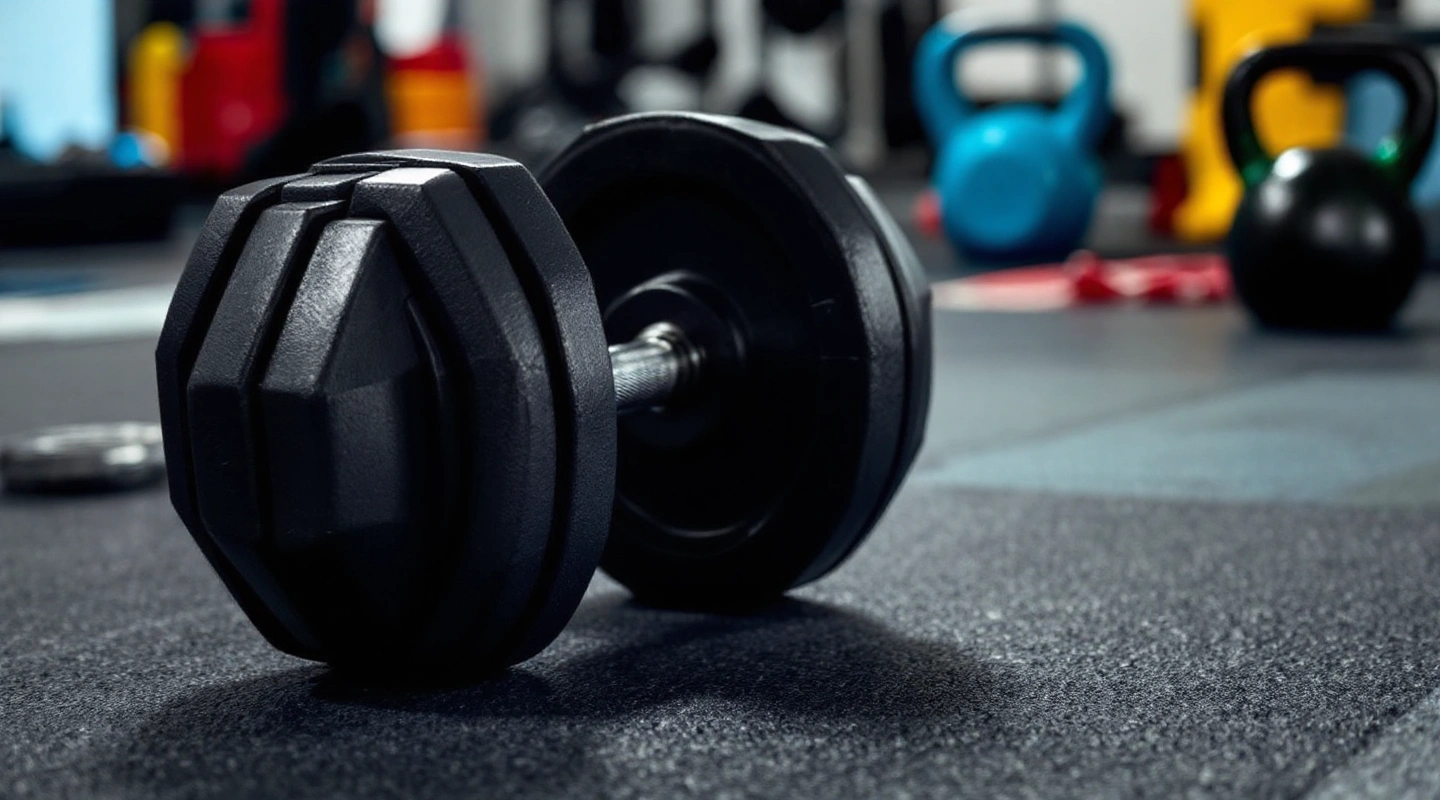 A heavy selector dumbbell next to a light kettlebell for scale
