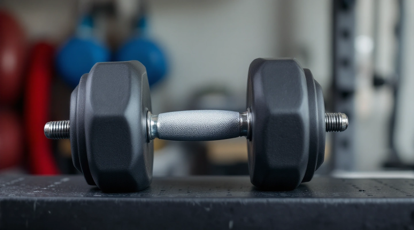 A mid-size selector dumbbell resting alone on its own tray