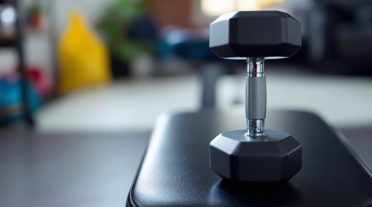 A close hand-height view of a selector pin mid-turn on a dumbbell