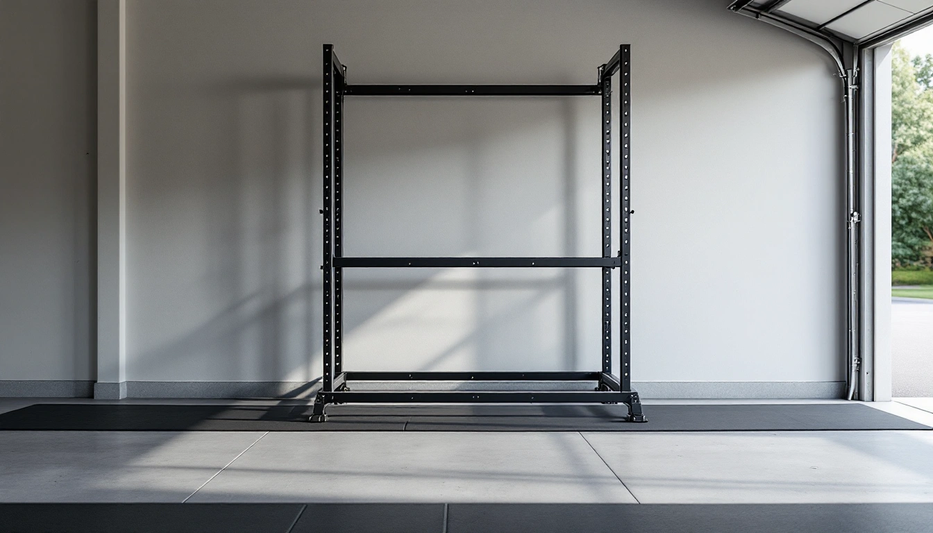 An empty two-tier metal rack against a garage wall