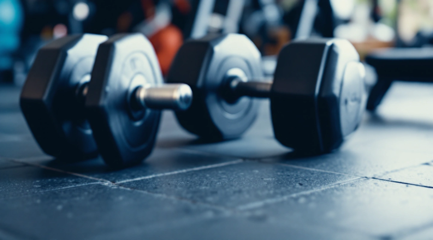 A large pair of adjustable dumbbells set on rubber flooring