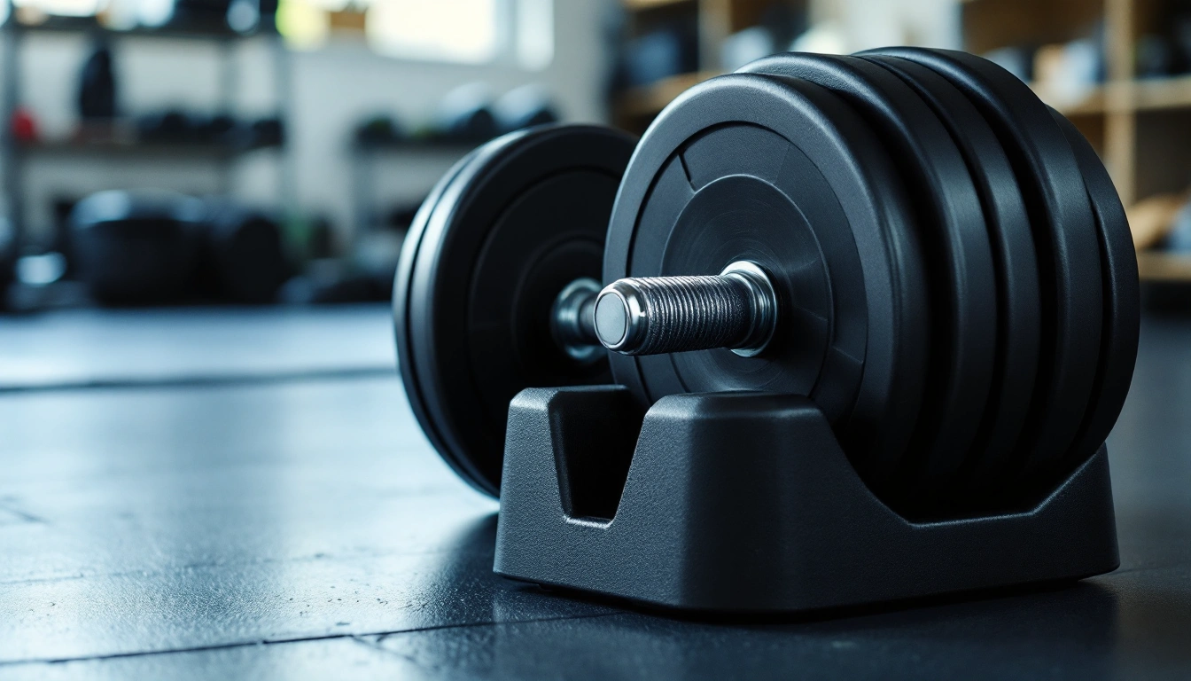 A heavy adjustable dumbbell resting in its storage cradle in a garage gym