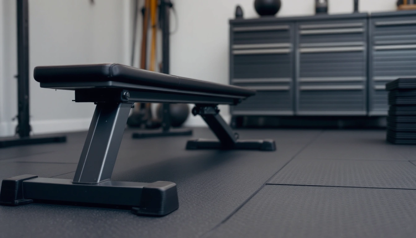A flat weight bench on rubber flooring in a garage gym