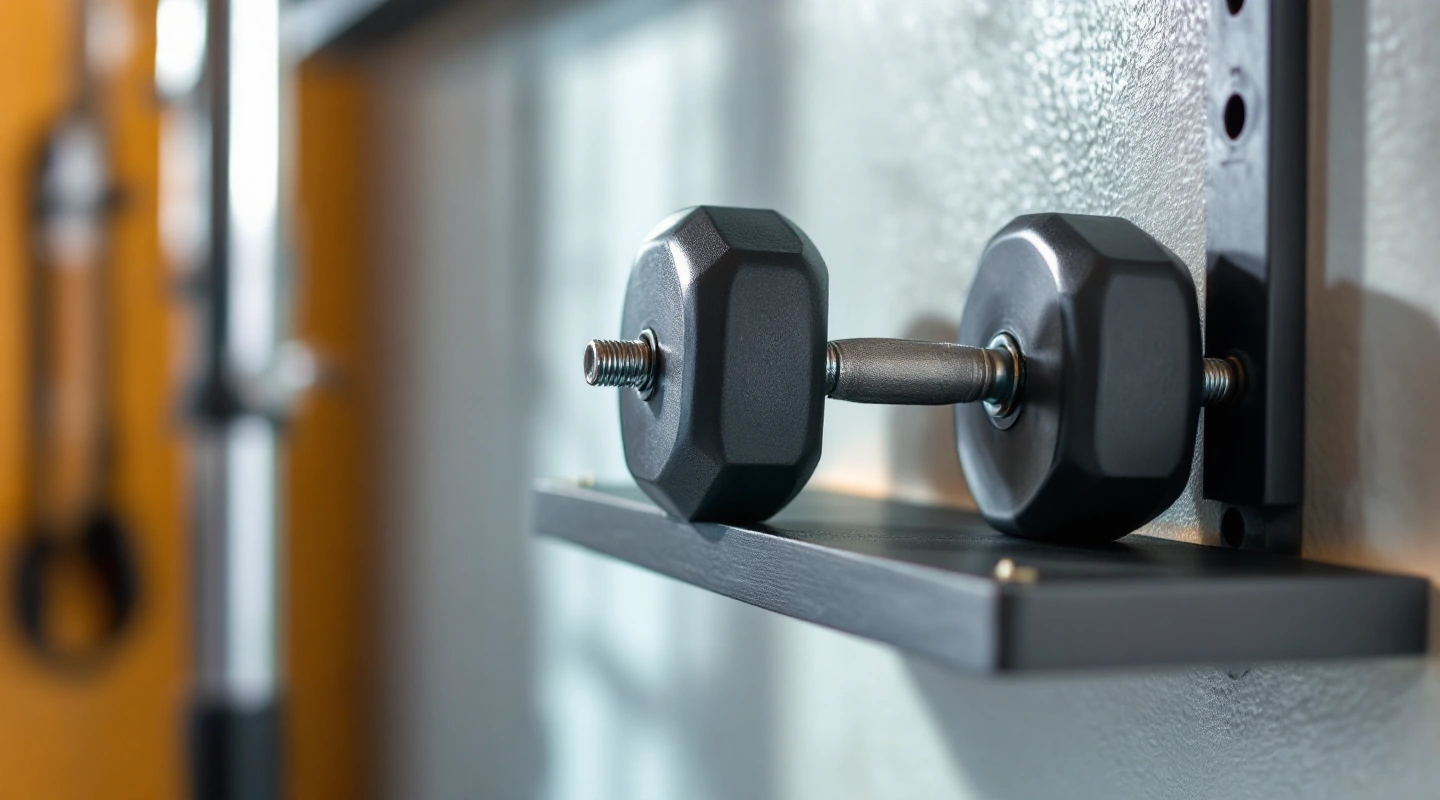 A single adjustable dumbbell on a narrow wall shelf in a tidy corner
