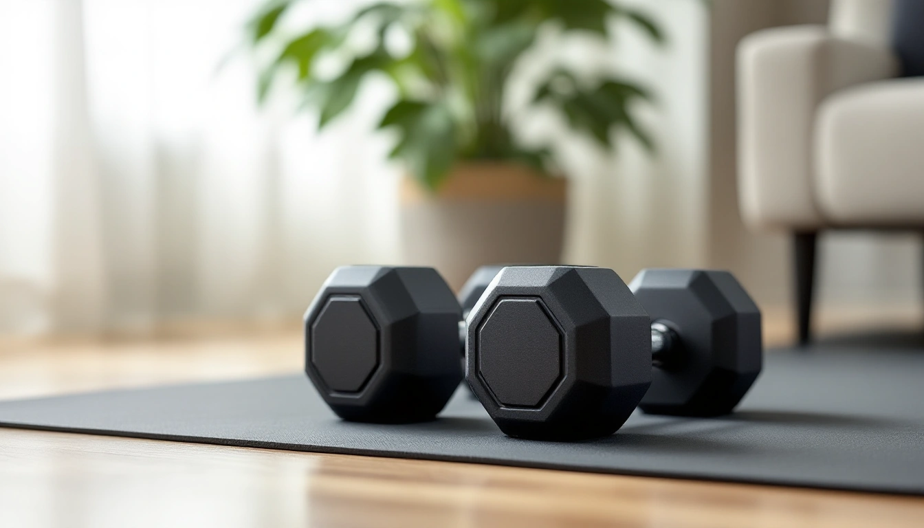 A pair of dial adjustable dumbbells in their storage trays on a living-room floor mat