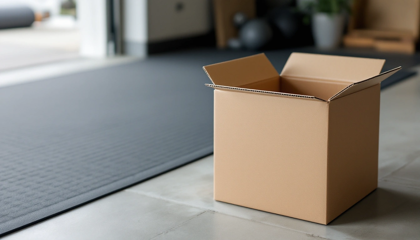 An opened plain shipping box beside a rubber gym mat