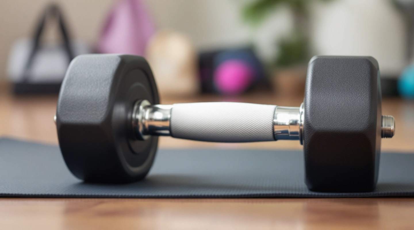 A compact adjustable dumbbell resting on a yoga mat