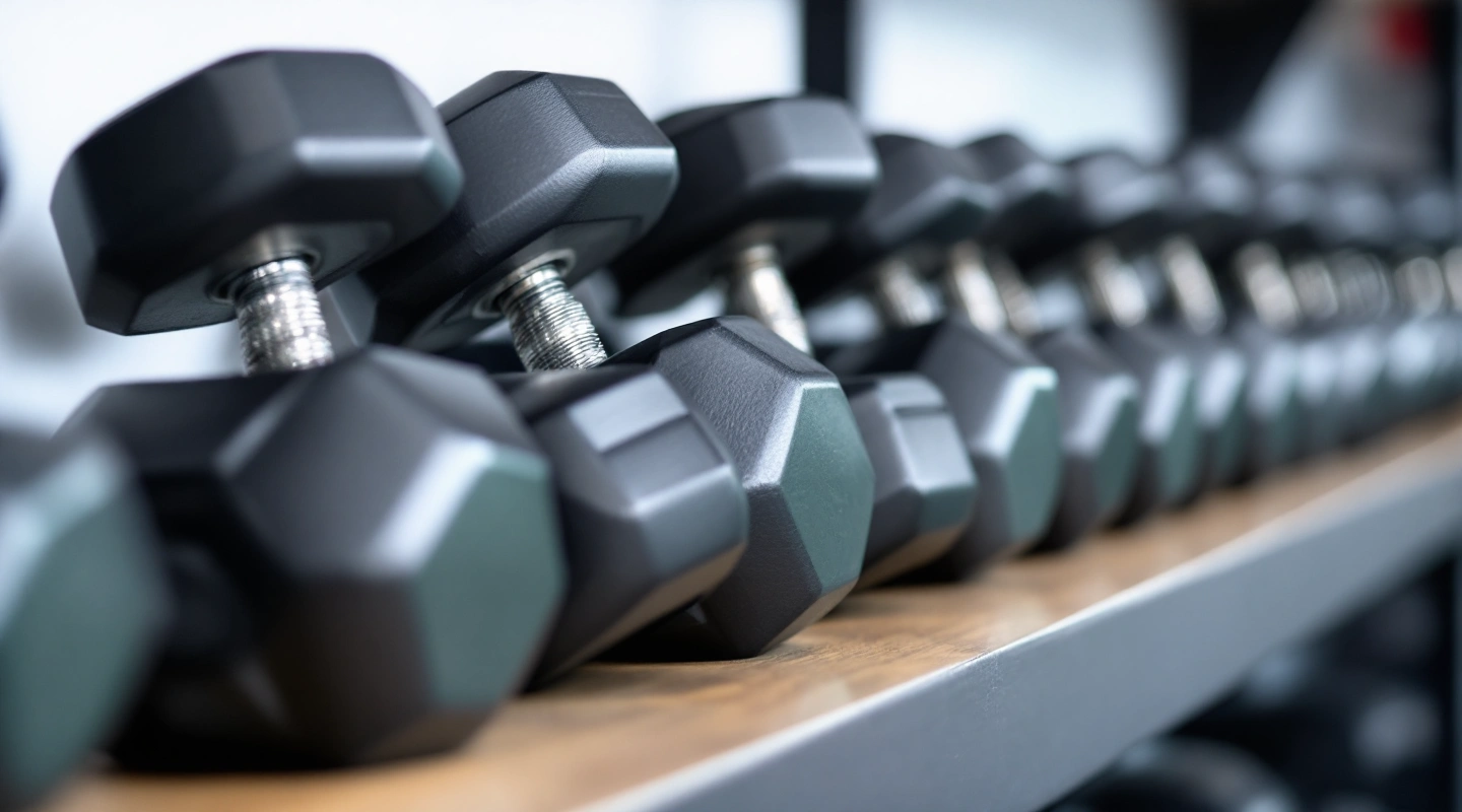 A full row of selector dumbbells lined up by size