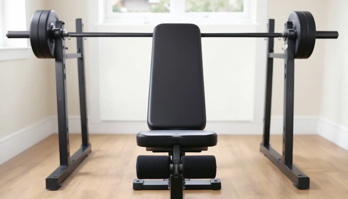 A padded bench with foam leg rollers in a home gym