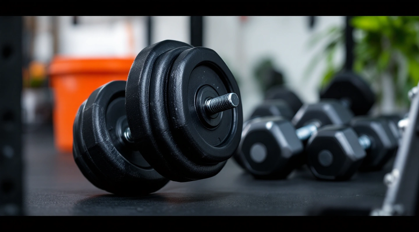 One adjustable dumbbell set beside a small rack of fixed dumbbells