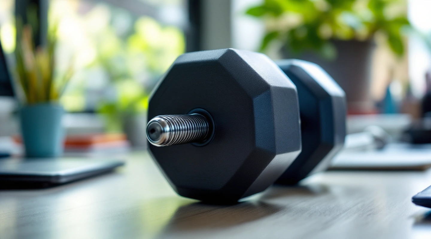 A dumbbell resting on a desk corner in a home-office-turned-gym setting