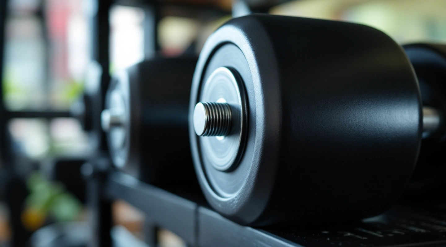 A single adjustable dumbbell's end plate and handle, close up
