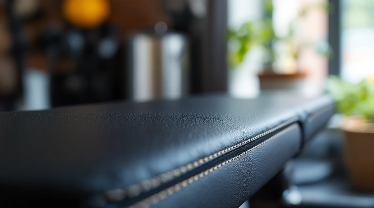 A bench pad's stitching and foam density, close up
