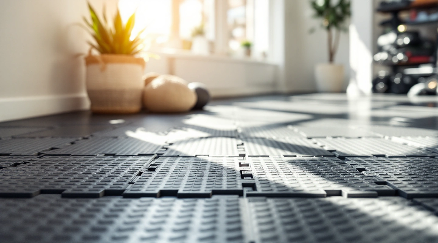 Interlocking rubber floor tile seams, close up