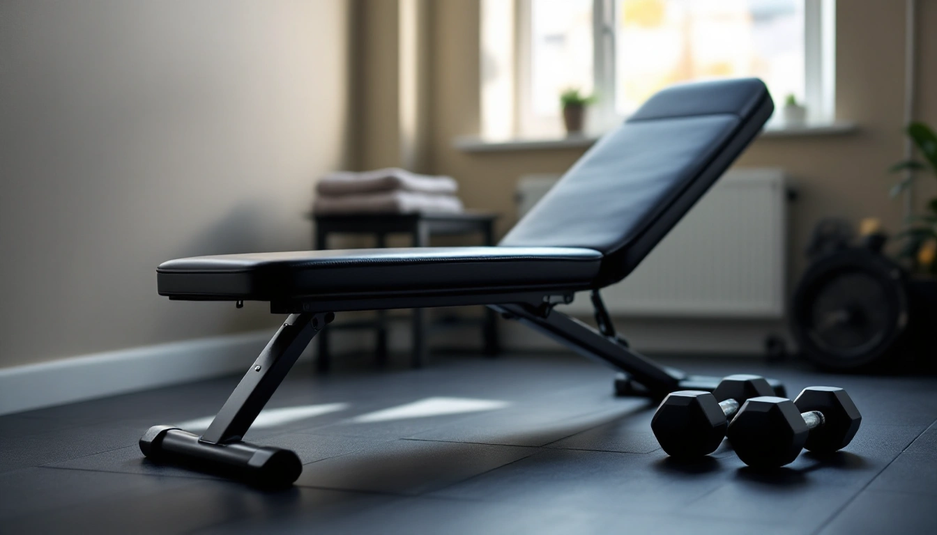 A padded flat weight bench with folding legs on rubber tiles in a spare-room home gym