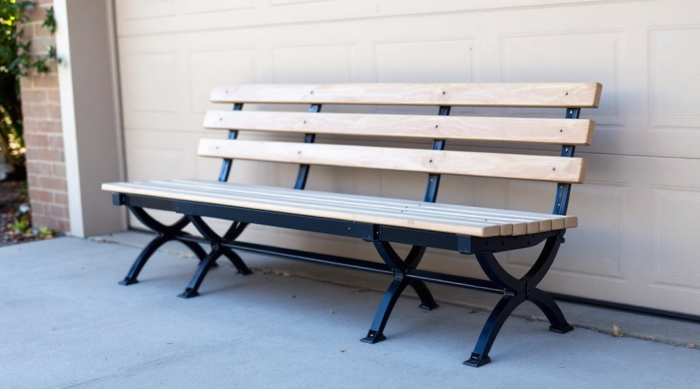 A bench folded flat and leaned against a wall