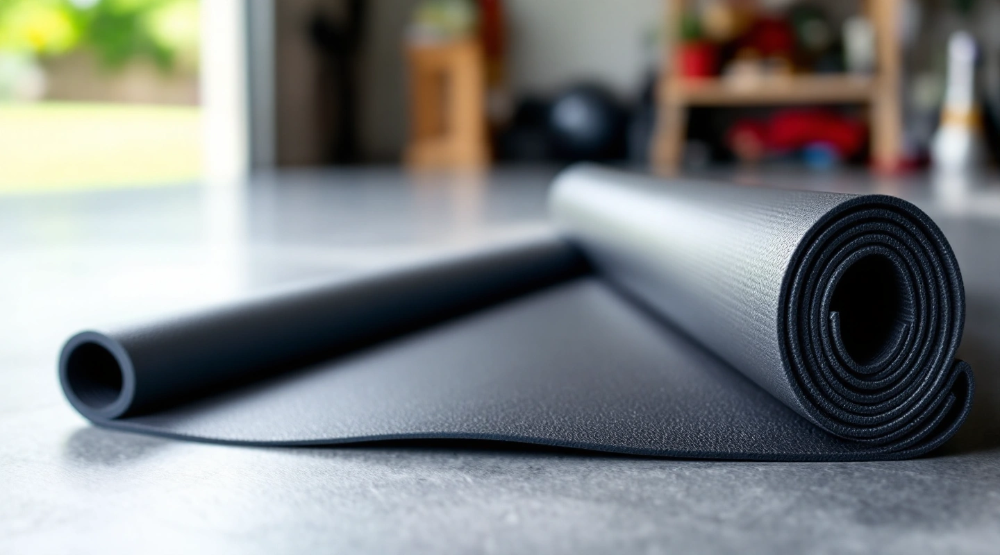A rolled rubber gym floor mat, partly unrolled