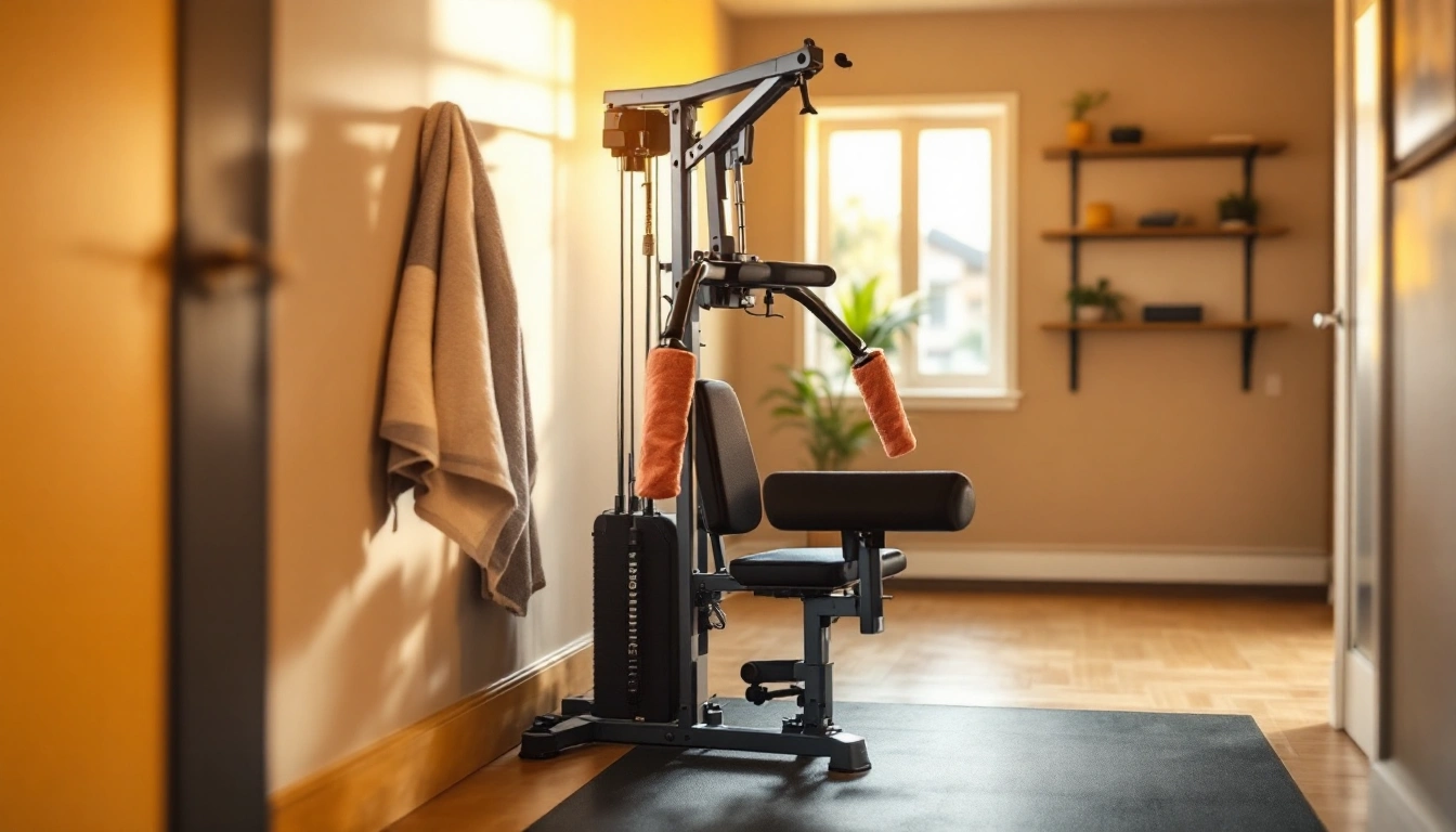 A compact single-stack home gym machine against the wall of a small basement room