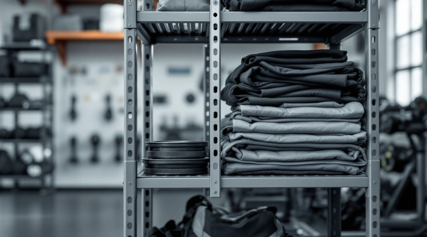 A modular storage rack with folded equipment stacked on its shelves