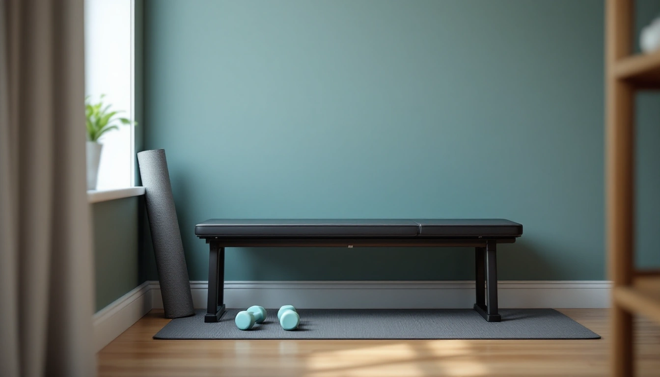 A slim wall-mounted weight bench folded flat against the wall of an apartment workout corner