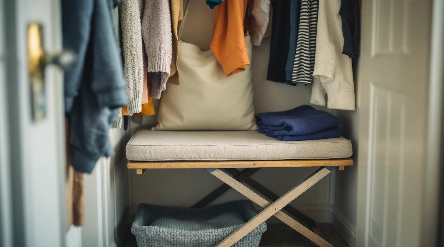 A small folded bench tucked into a closet corner