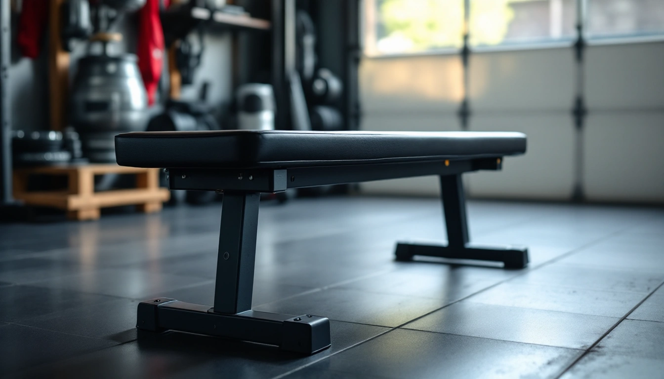 A flat foldable weight bench with its legs folded, leaning against a garage wall