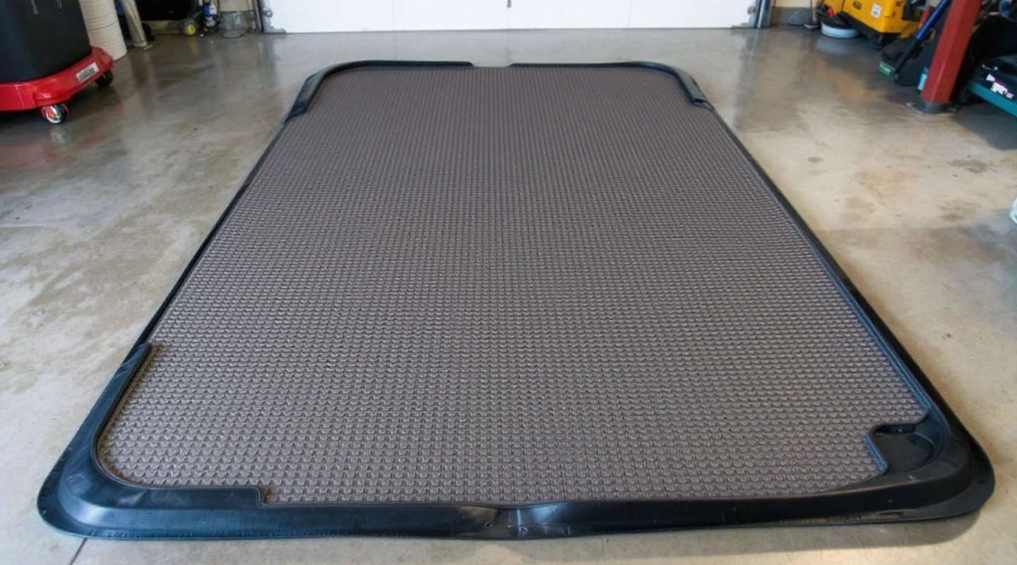 A horse-stall-style rubber mat on a garage floor
