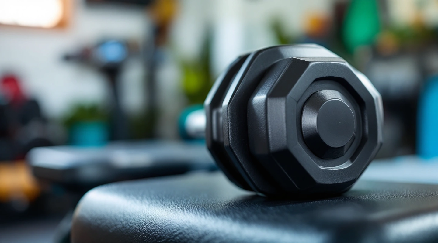 A dial-turn dumbbell handle, close up