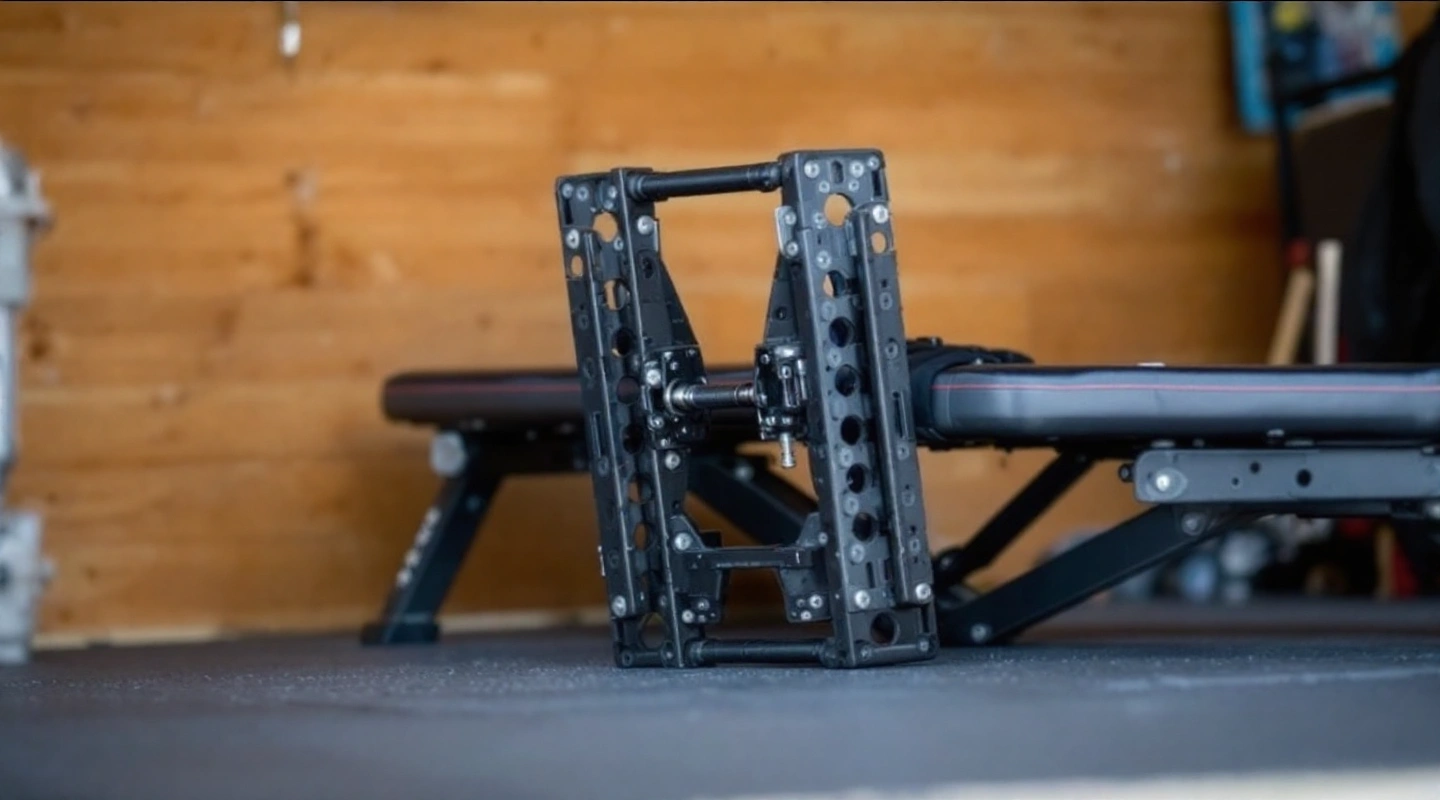 A folded squat rack hinge resting beside a folded bench