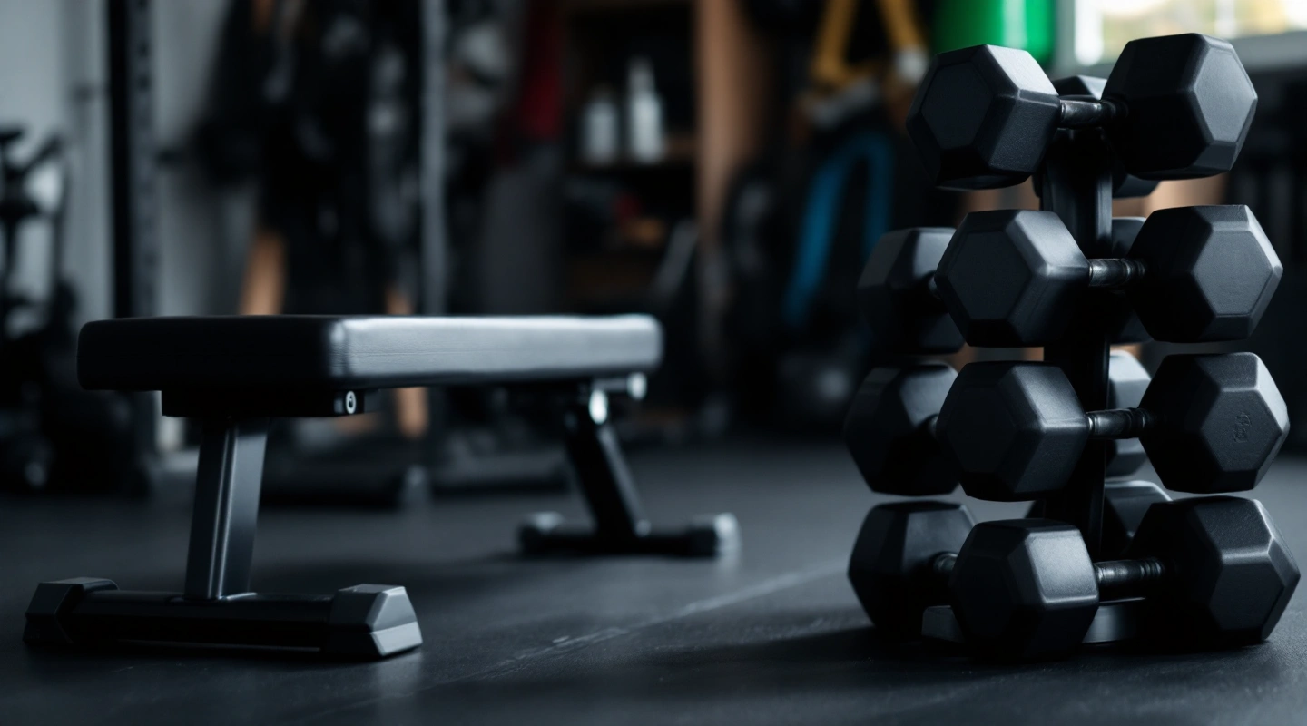 A folded bench resting beside a stacked dumbbell set