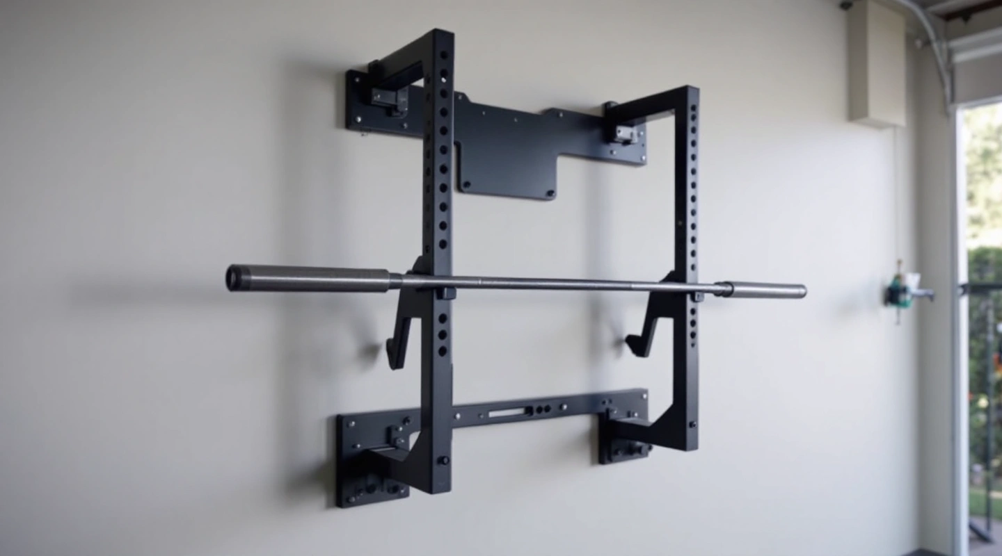 A wall-mounted squat rack folded flat against the wall