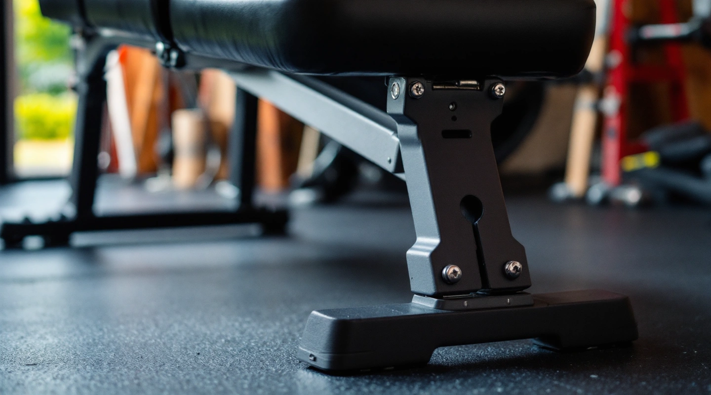 A folding bench's hinge and leg mechanism, close up