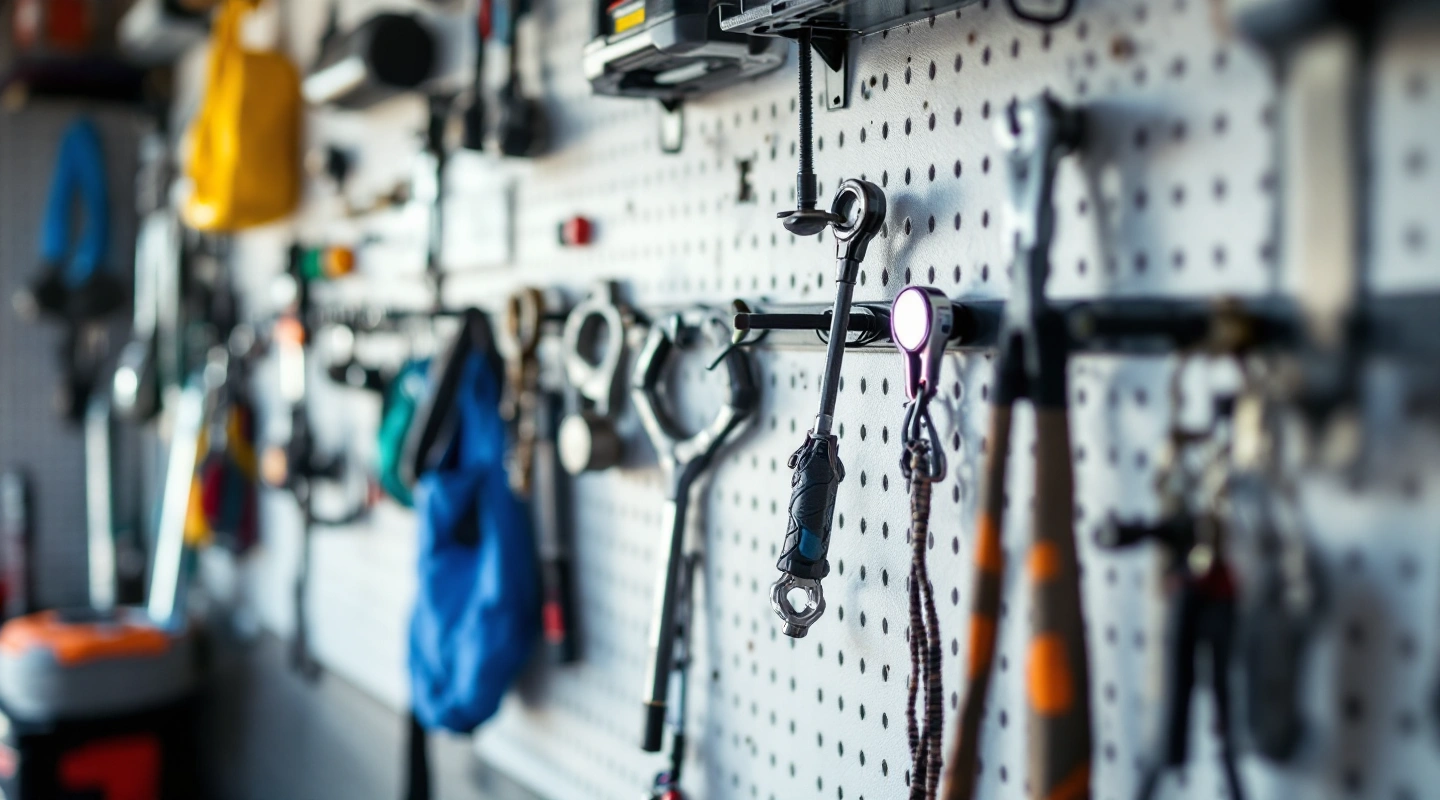 A pegboard wall with small accessories hung on hooks