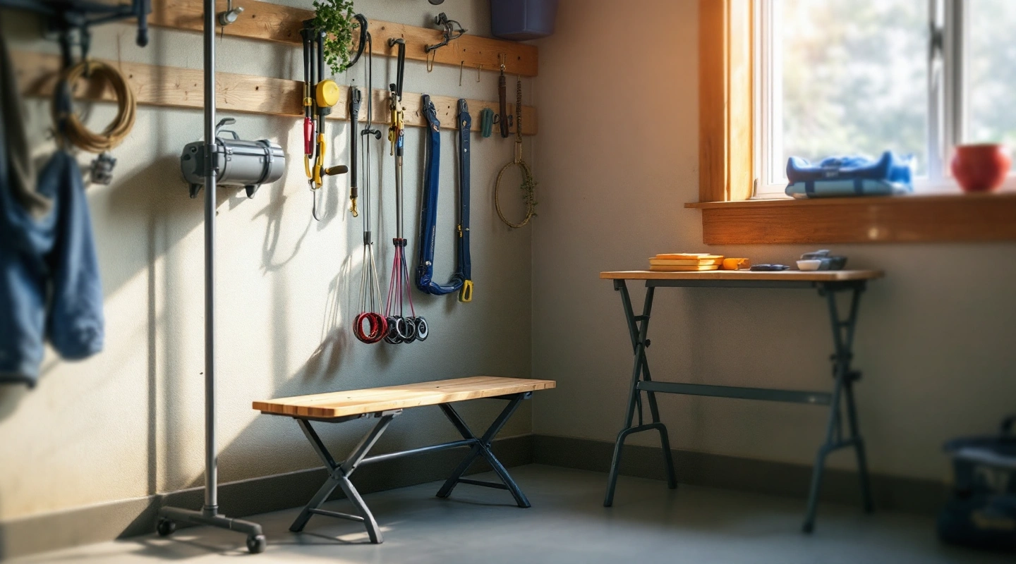 A garage corner with a rack and a folded bench arranged together