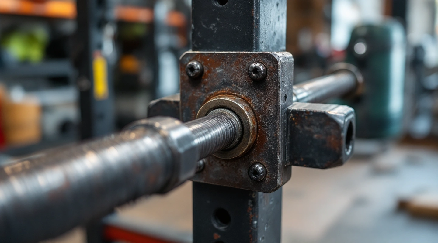 A close-up of a weld joint and bolt plate on gym equipment