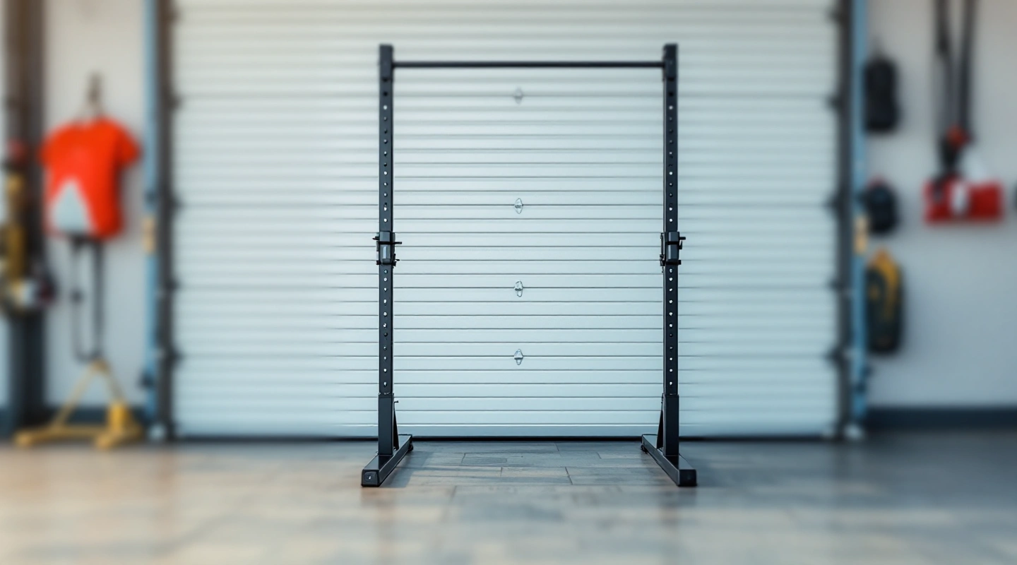 A squat rack set against a closed garage door