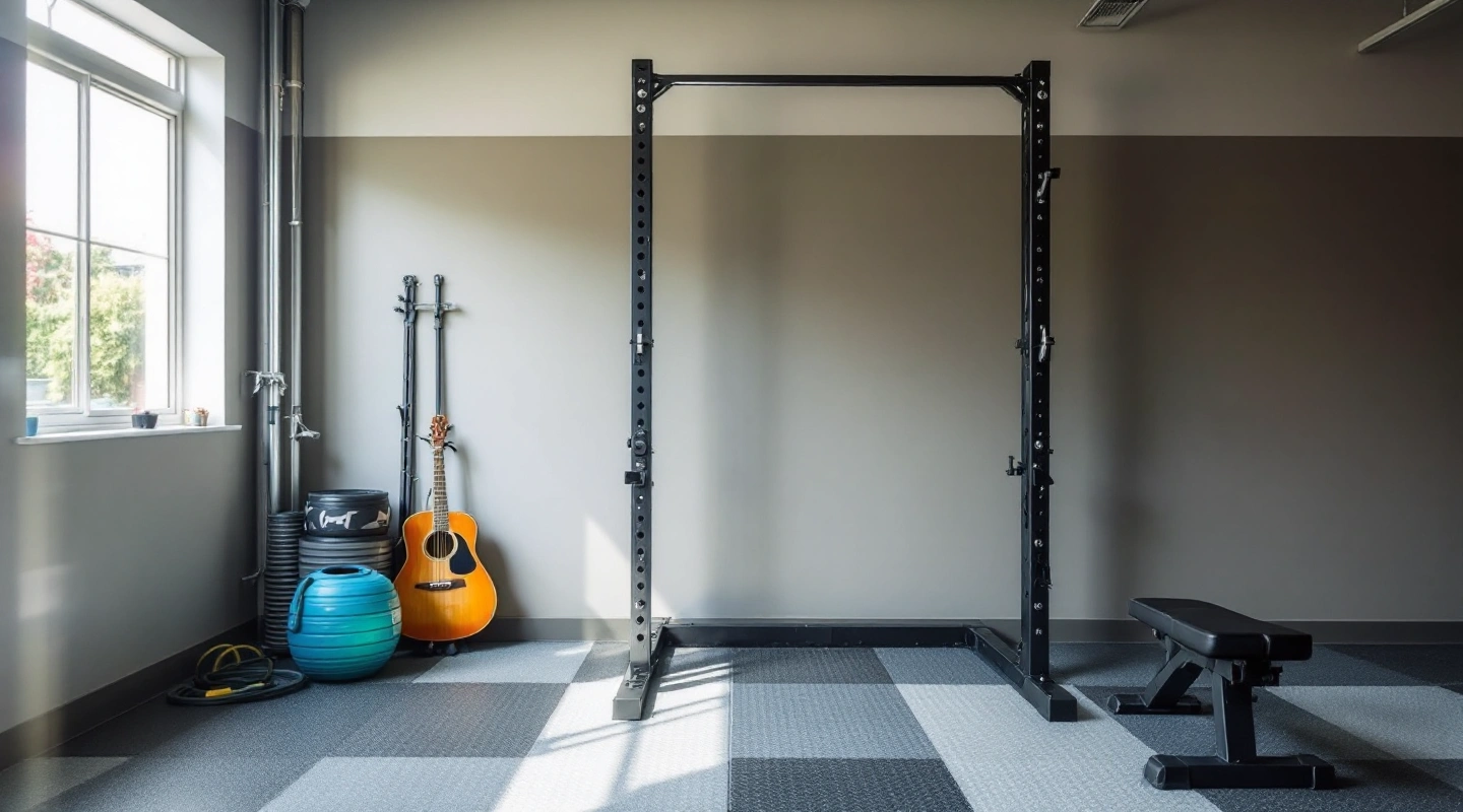 A wide garage corner with a rack, a bench and flooring together