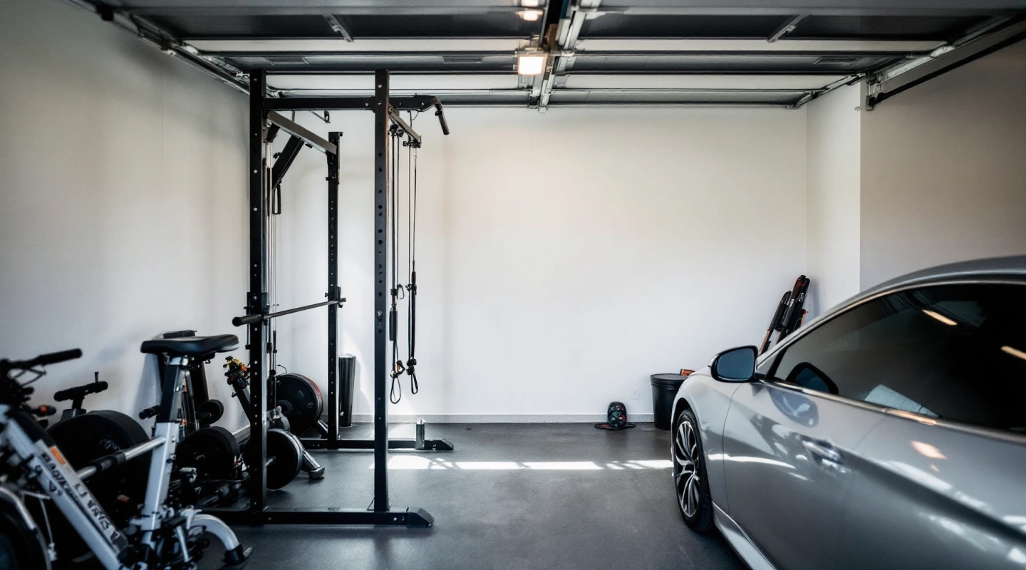 A gym corner set beside a parked car's tire
