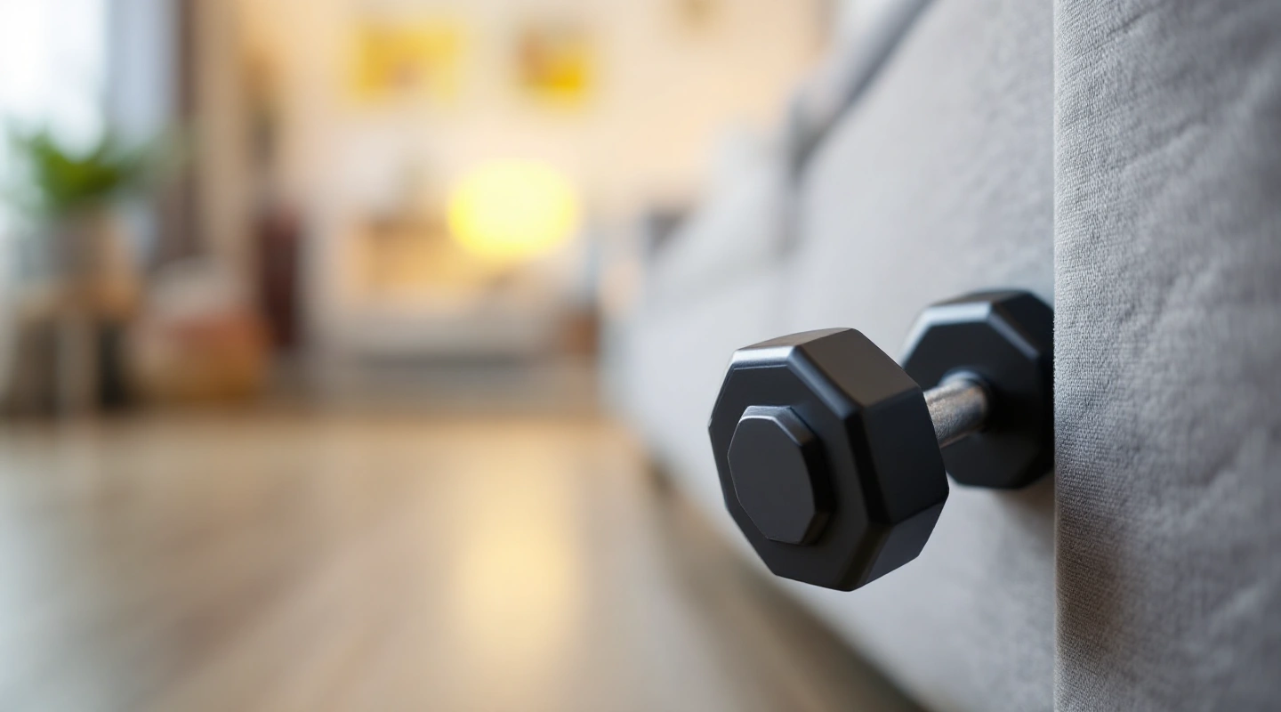 A single dumbbell tucked beside the leg of a couch