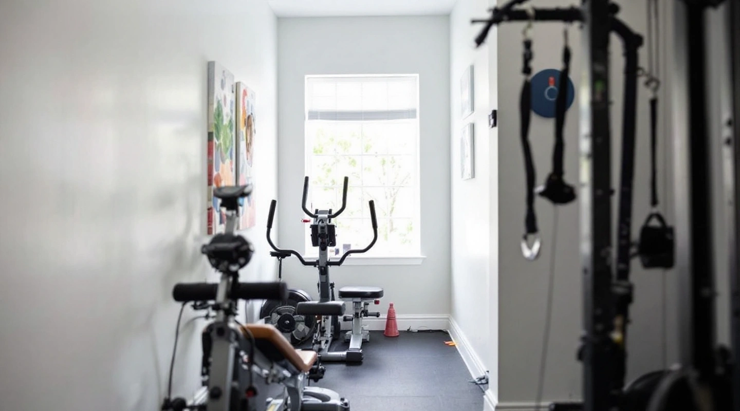 A narrow gym corner with equipment lined against the wall