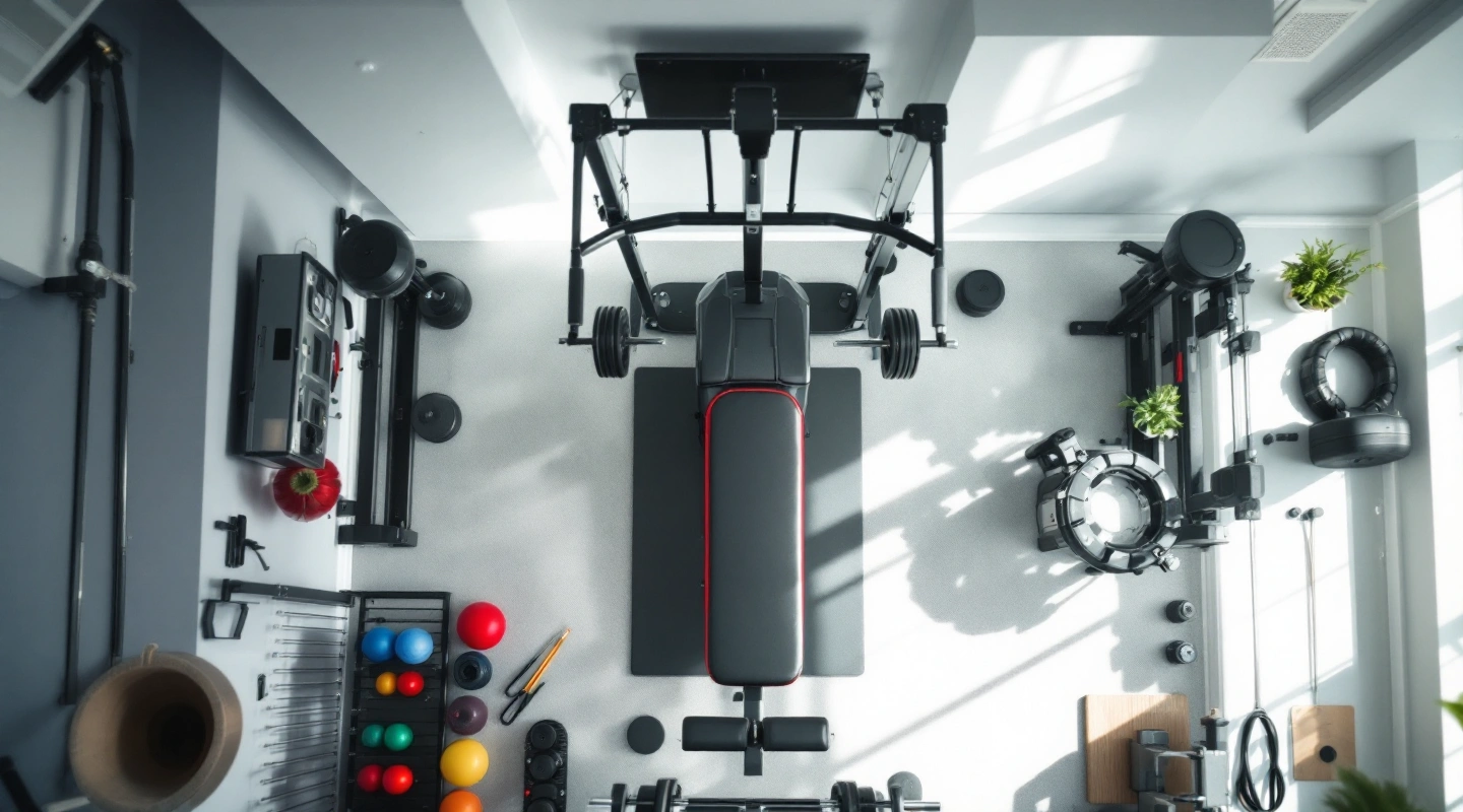 An overhead-angle view of a small room's equipment arrangement