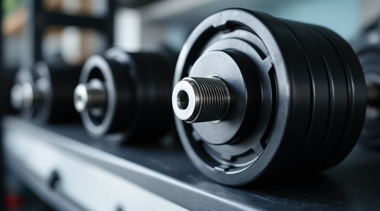 A dumbbell's internal weight-plate mechanism viewed edge-on