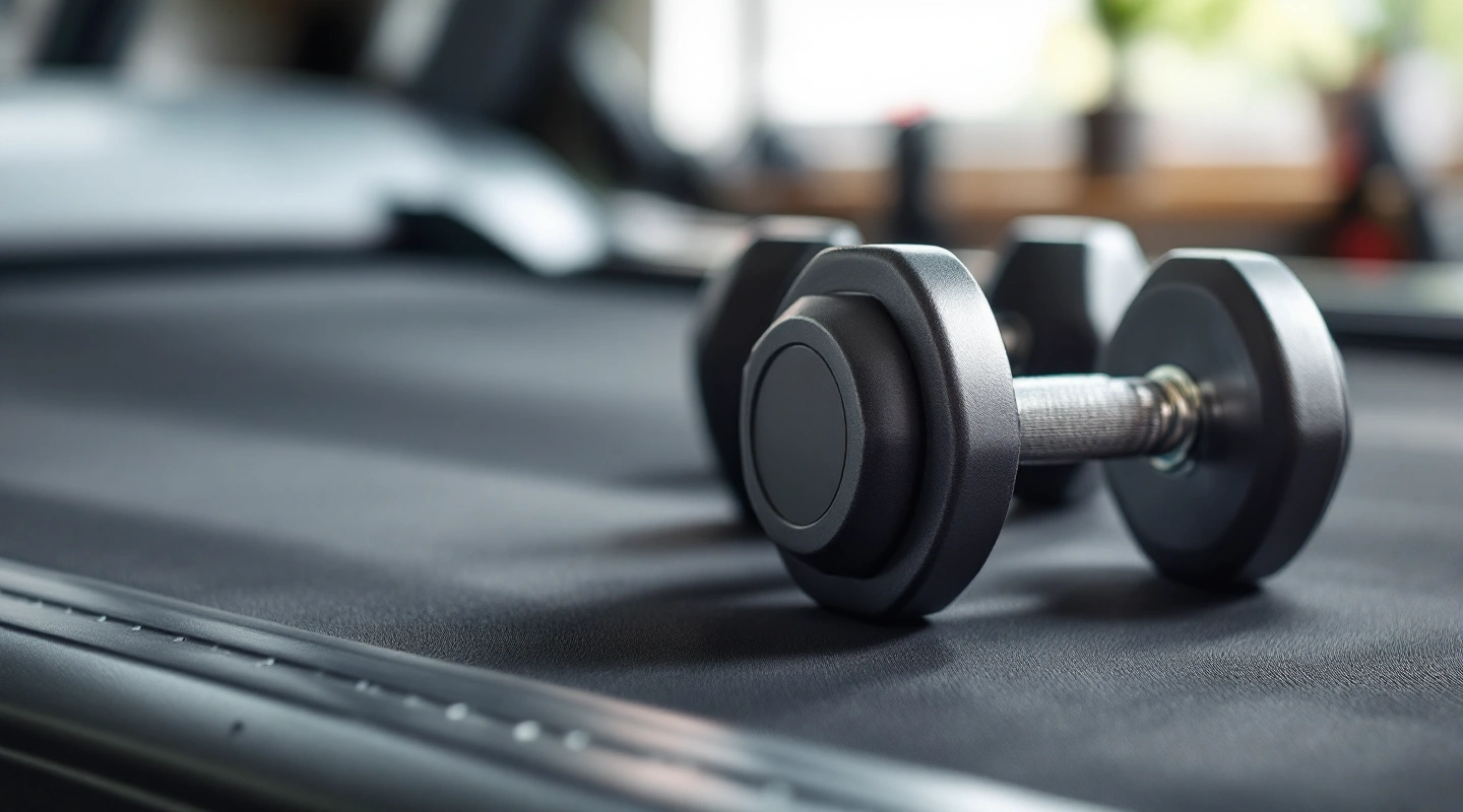 A dumbbell resting on the corner of a treadmill deck