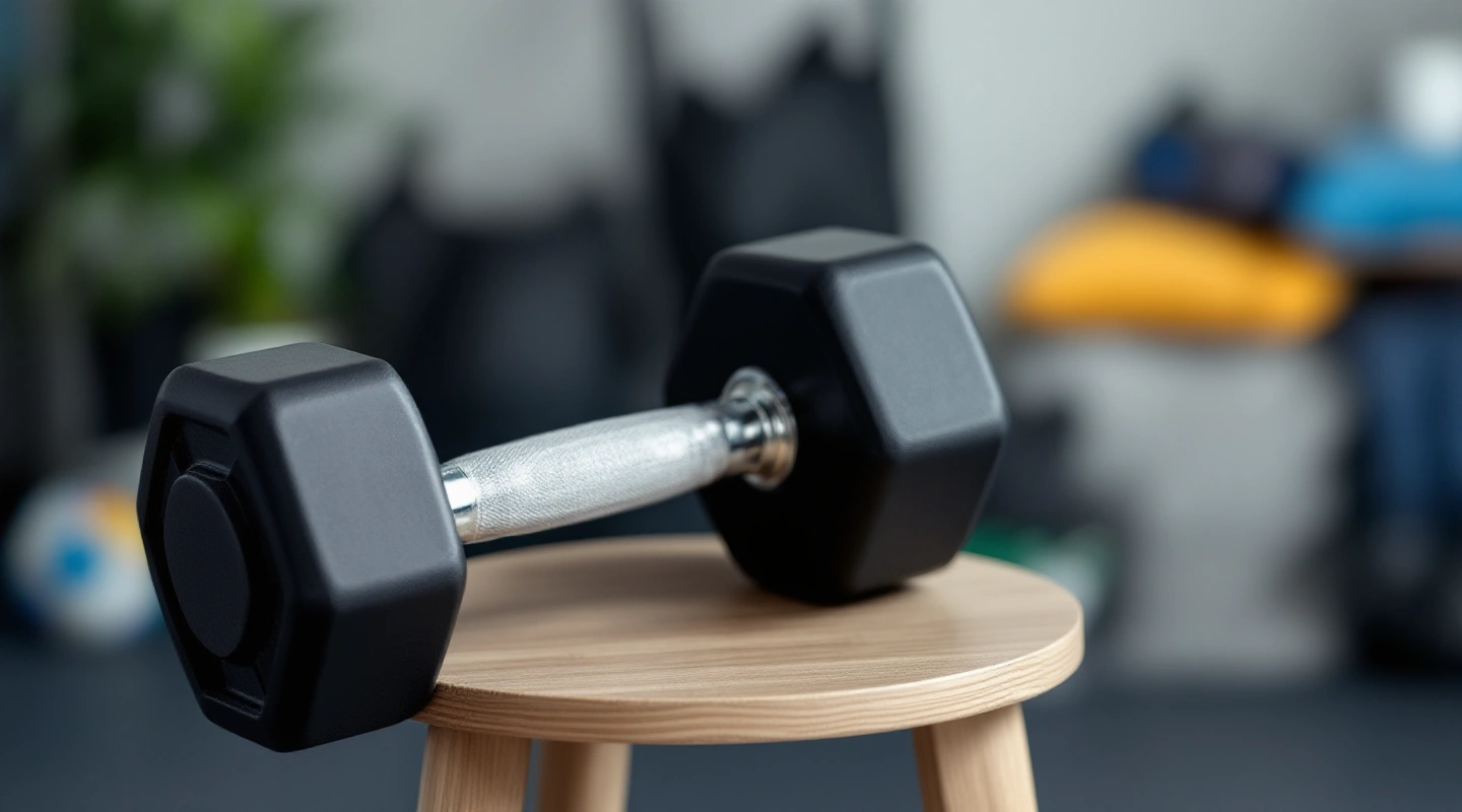 A dumbbell resting on a small side table