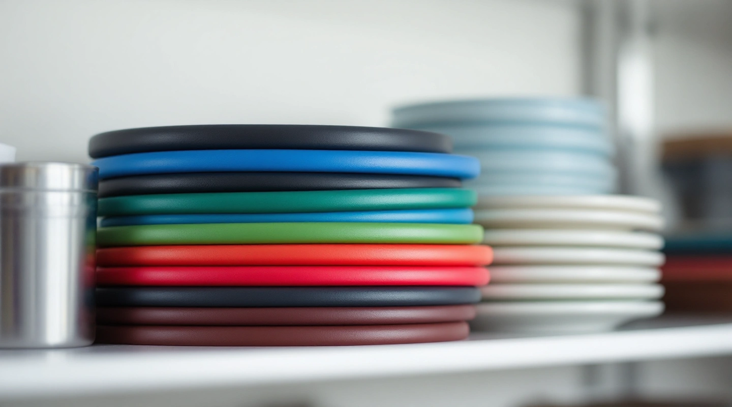 A stack of small equipment pieces, resistance bands and small plates, on a shelf