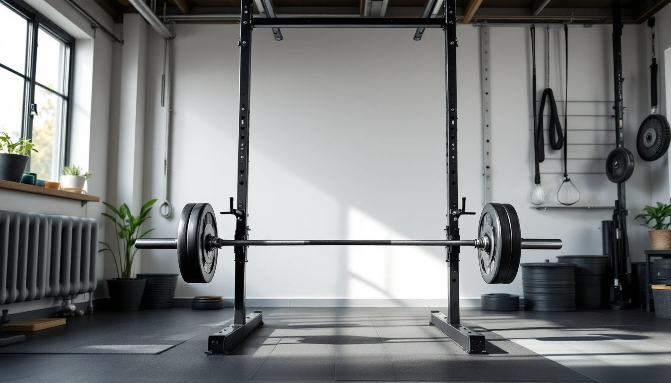 A squat rack with a loaded barbell in a garage gym