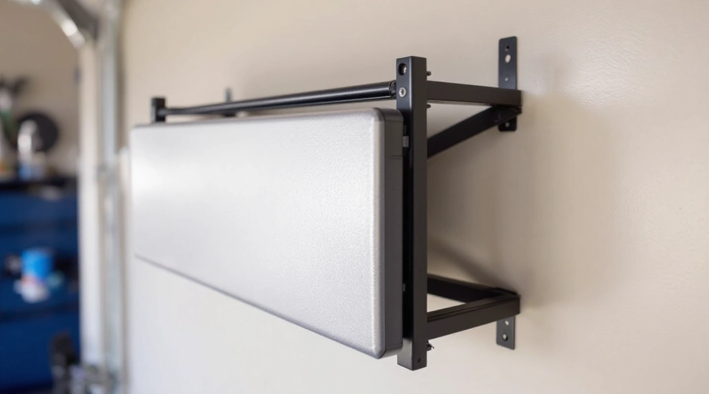 A bench hinge mounted against a wall bracket